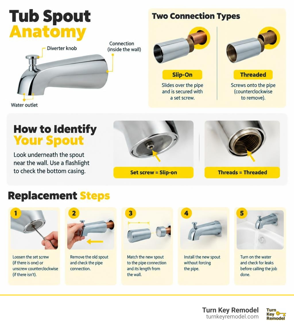 Tub spout anatomy, slip-on and threaded connections, and basic replacement steps infographic Tub spout anatomy, slip-on and threaded connections, and basic replacement steps infographic