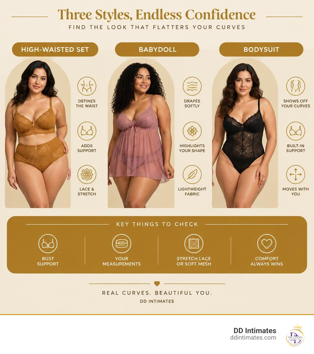 Comparison of high-waisted sets, babydolls, and bodysuits for curvy silhouettes infographic