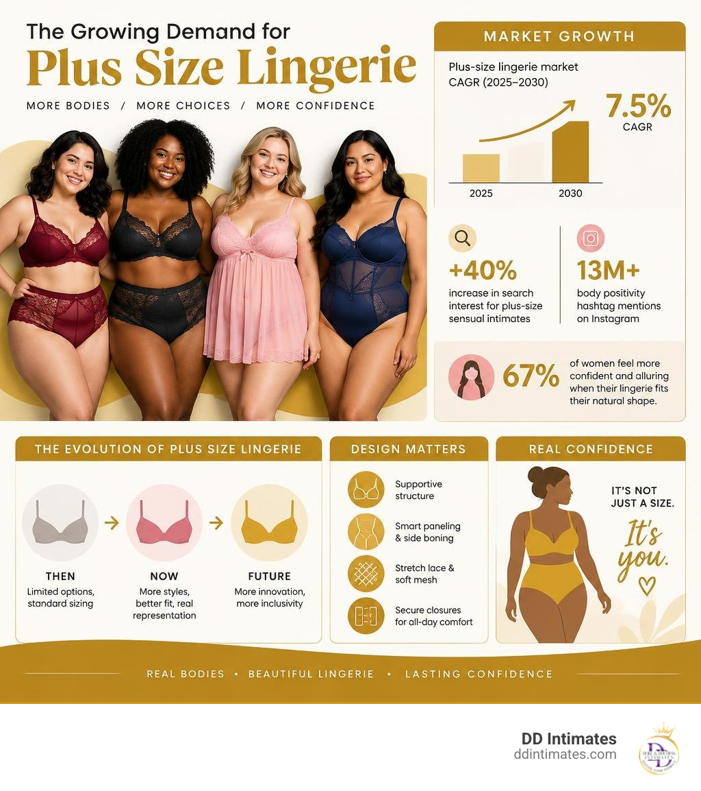 Evolution of plus size lingerie demand and body positivity statistics infographic