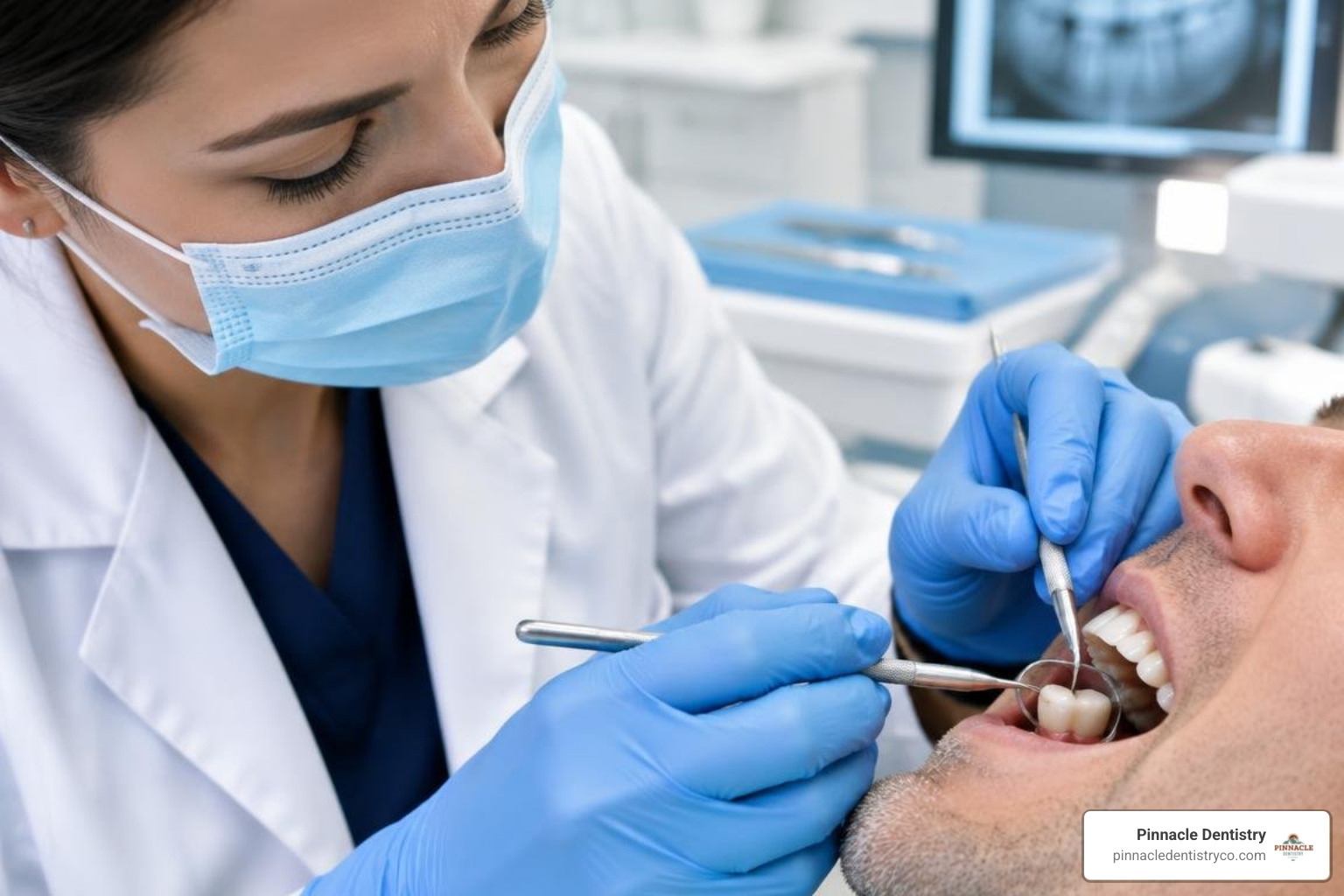 Dentist checking crown margin fit and precision