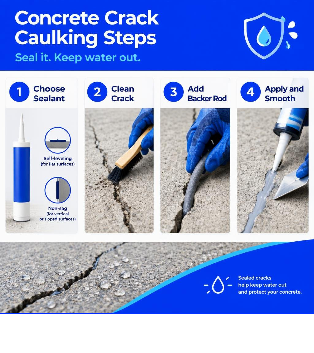 Concrete crack caulking steps: choose sealant, clean crack, add backer rod, apply and smooth infographic Concrete crack caulking steps: choose sealant, clean crack, add backer rod, apply and smooth infographic
