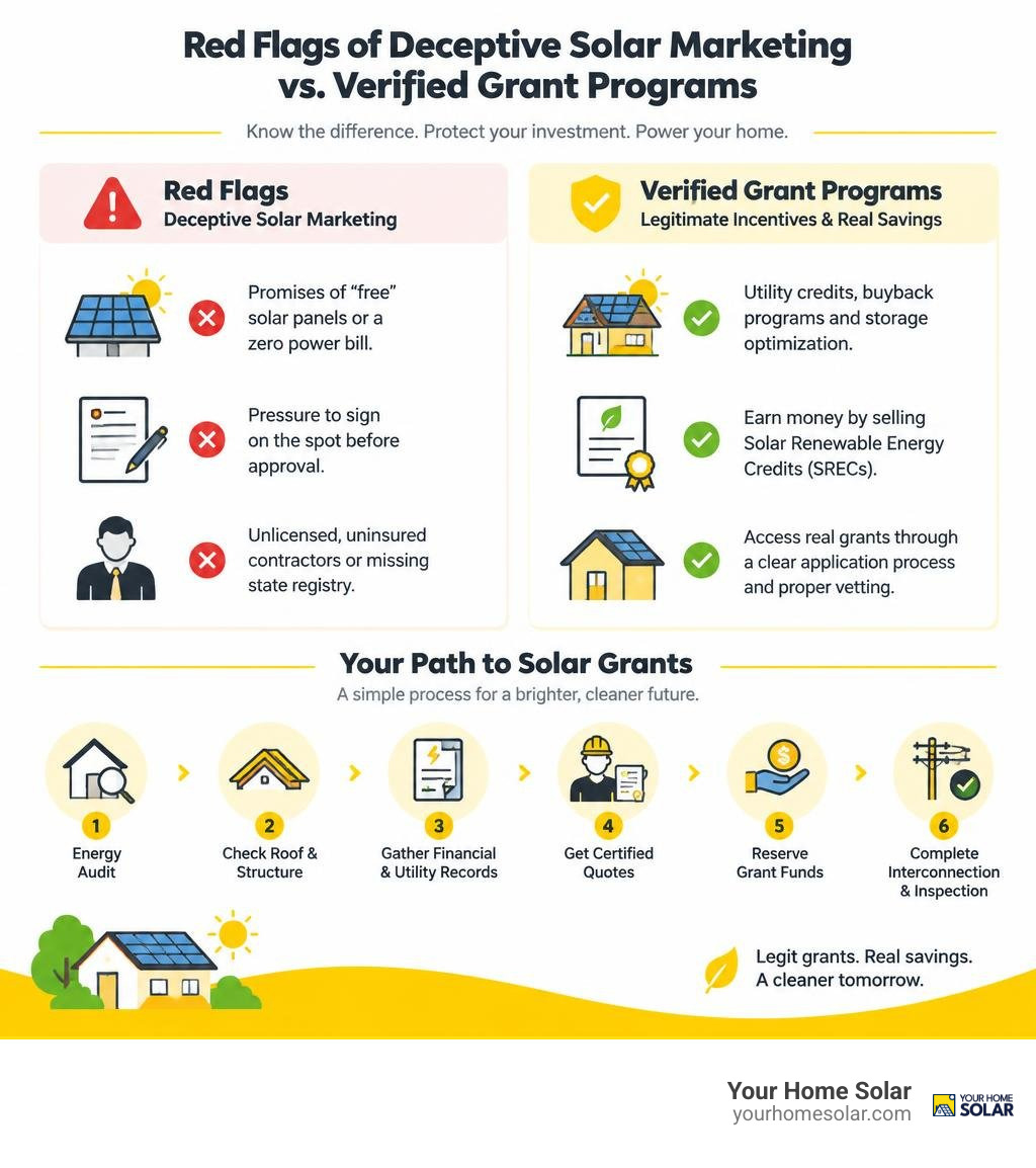 Red flags of deceptive solar marketing versus verified grant programs infographic Red flags of deceptive solar marketing versus verified grant programs infographic
