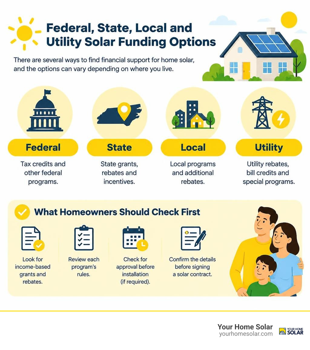 Federal state local and utility solar funding options and what homeowners should check first infographic Federal state local and utility solar funding options and what homeowners should check first infographic