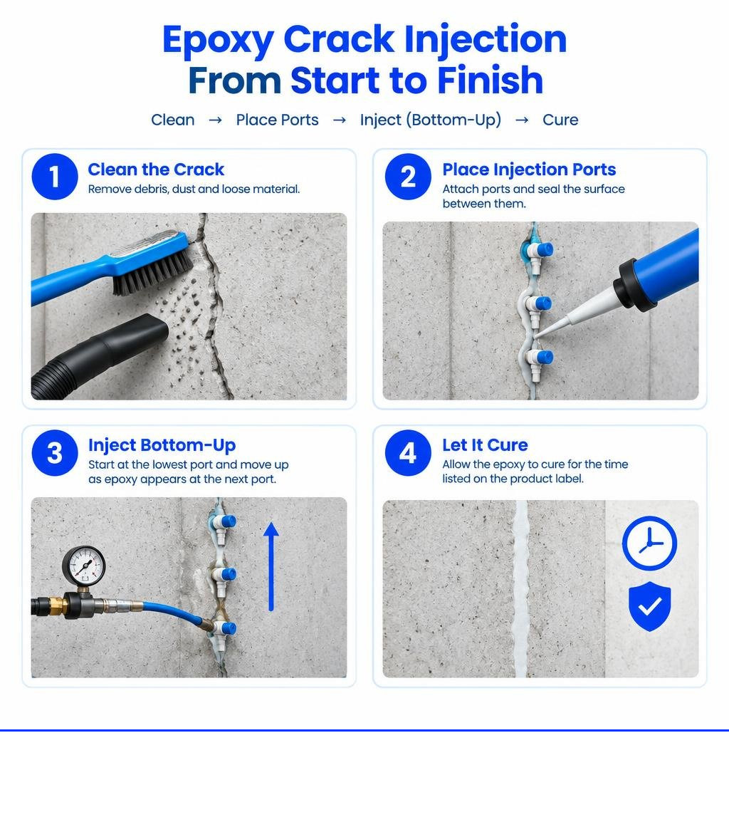 Epoxy crack injection steps from cleaning and port placement to bottom-up injection and curing infographic Epoxy crack injection steps from cleaning and port placement to bottom-up injection and curing infographic