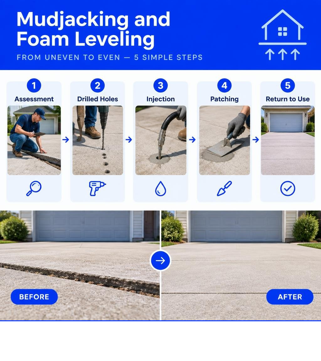Mudjacking and foam leveling: assessment, drilled holes, injection, patching, and return to use infographic Mudjacking and foam leveling: assessment, drilled holes, injection, patching, and return to use infographic