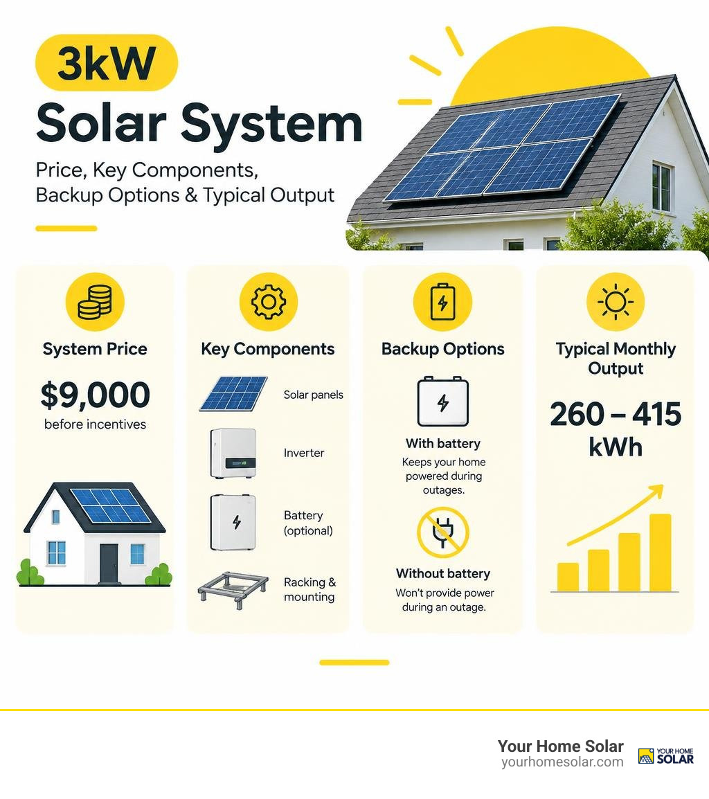 3kW solar system price, key components, backup options, and typical monthly output infographic 3kW solar system price, key components, backup options, and typical monthly output infographic