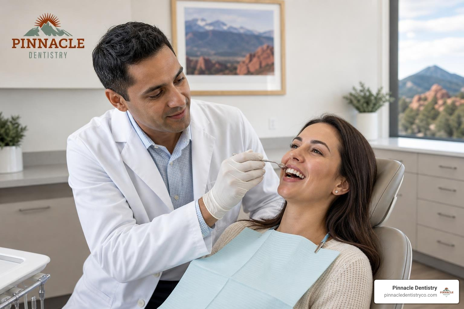 dentist examining a patient's veneers during a professional dental visit