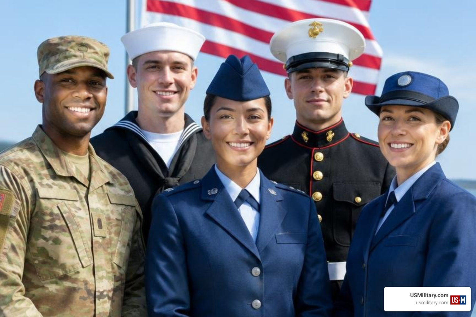 Service members from all armed forces branches in uniform