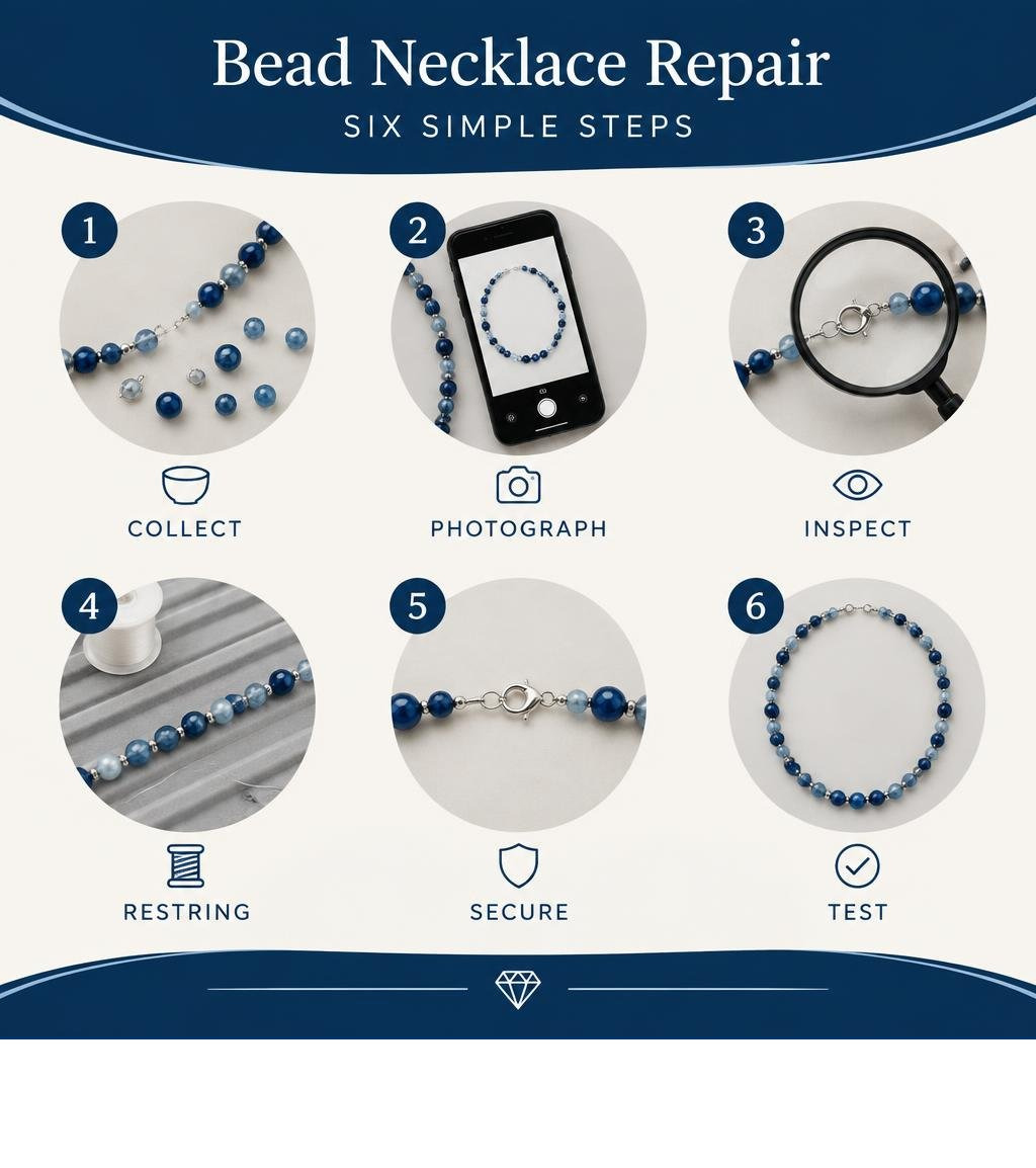Bead necklace repair steps: collect, photograph, inspect, restring, secure, and test infographic Bead necklace repair steps: collect, photograph, inspect, restring, secure, and test infographic