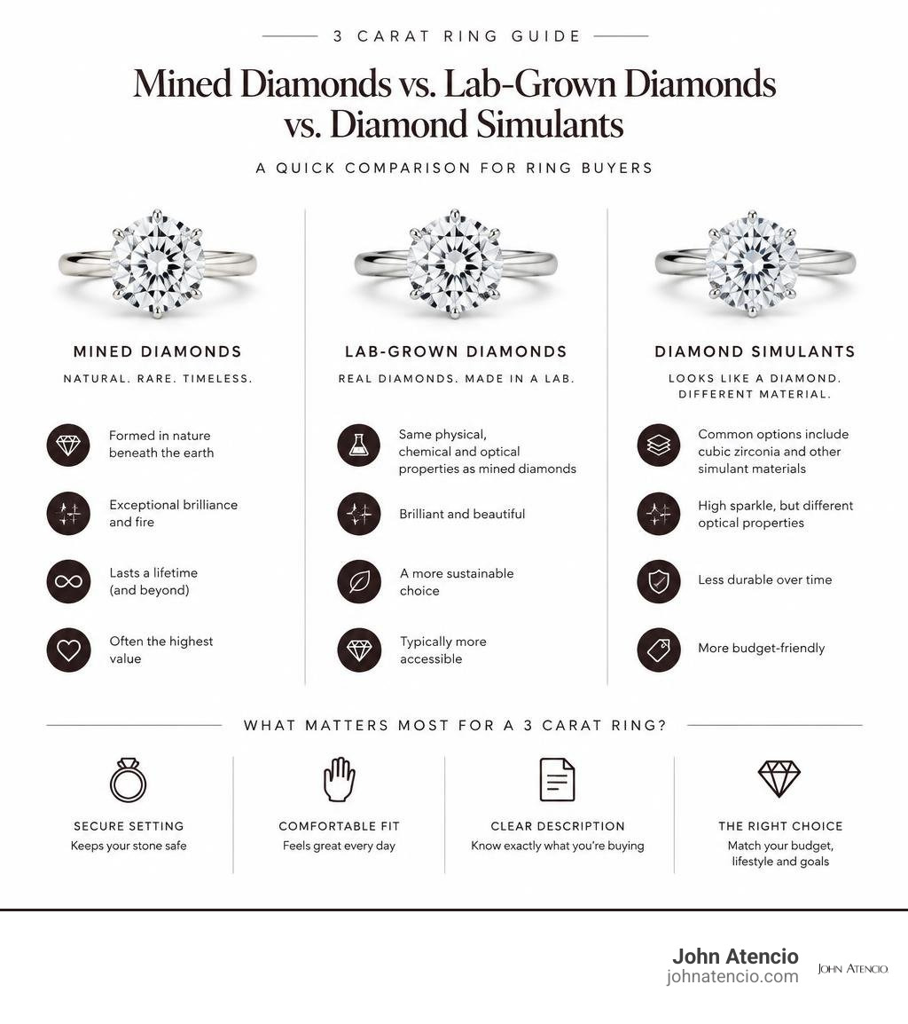 Comparison of mined diamonds, lab-grown diamonds, and diamond simulants for ring buyers infographic