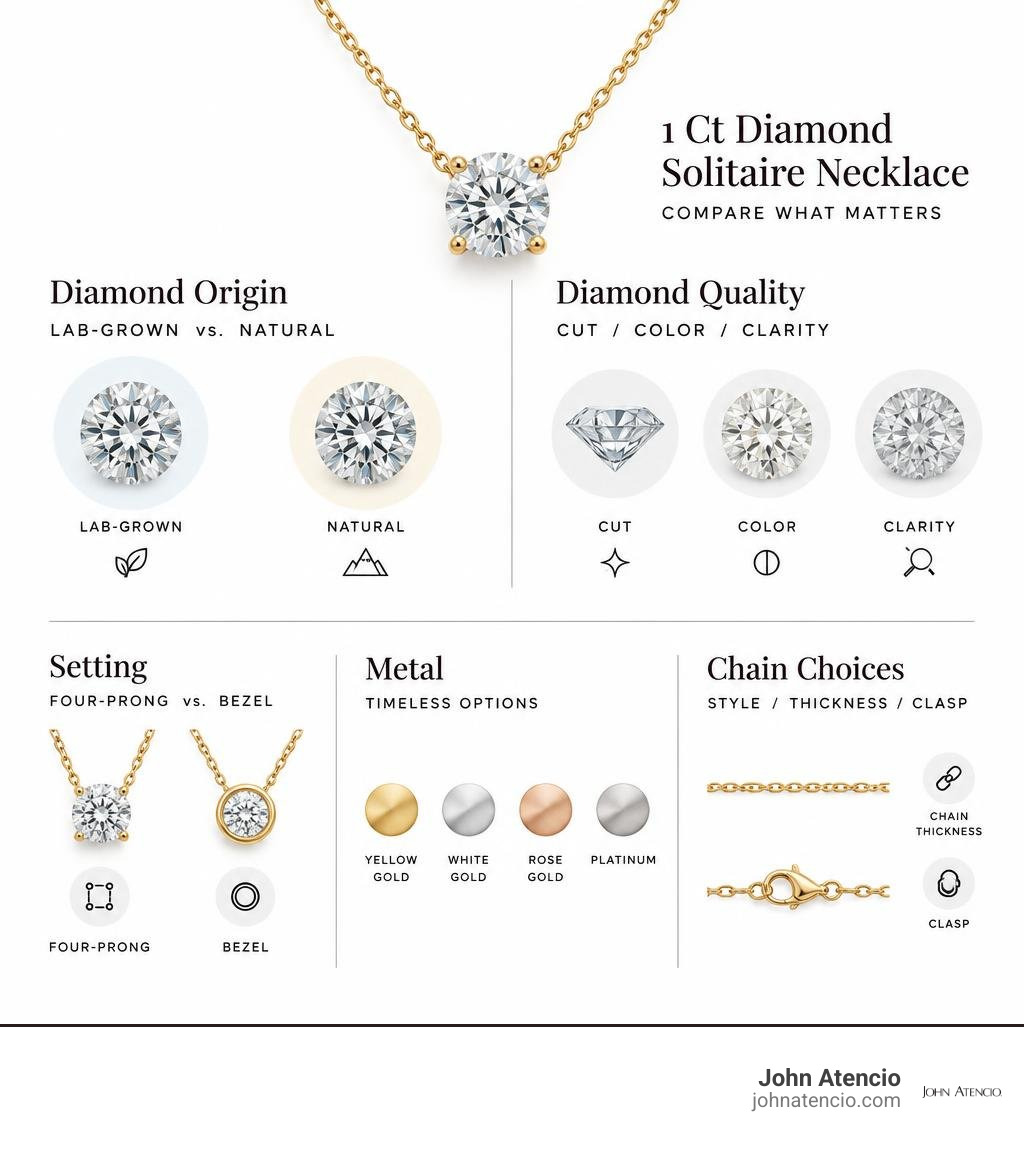 Comparison of diamond origin, quality, setting, metal, and chain choices for a 1 ct solitaire necklace infographic Comparison of diamond origin, quality, setting, metal, and chain choices for a 1 ct solitaire necklace infographic