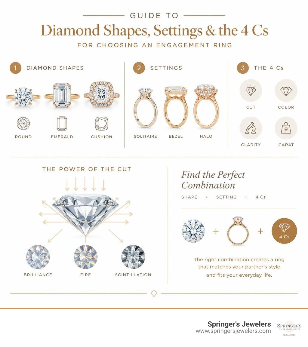 Guide to diamond shapes, settings, and the 4 Cs for choosing an engagement ring infographic