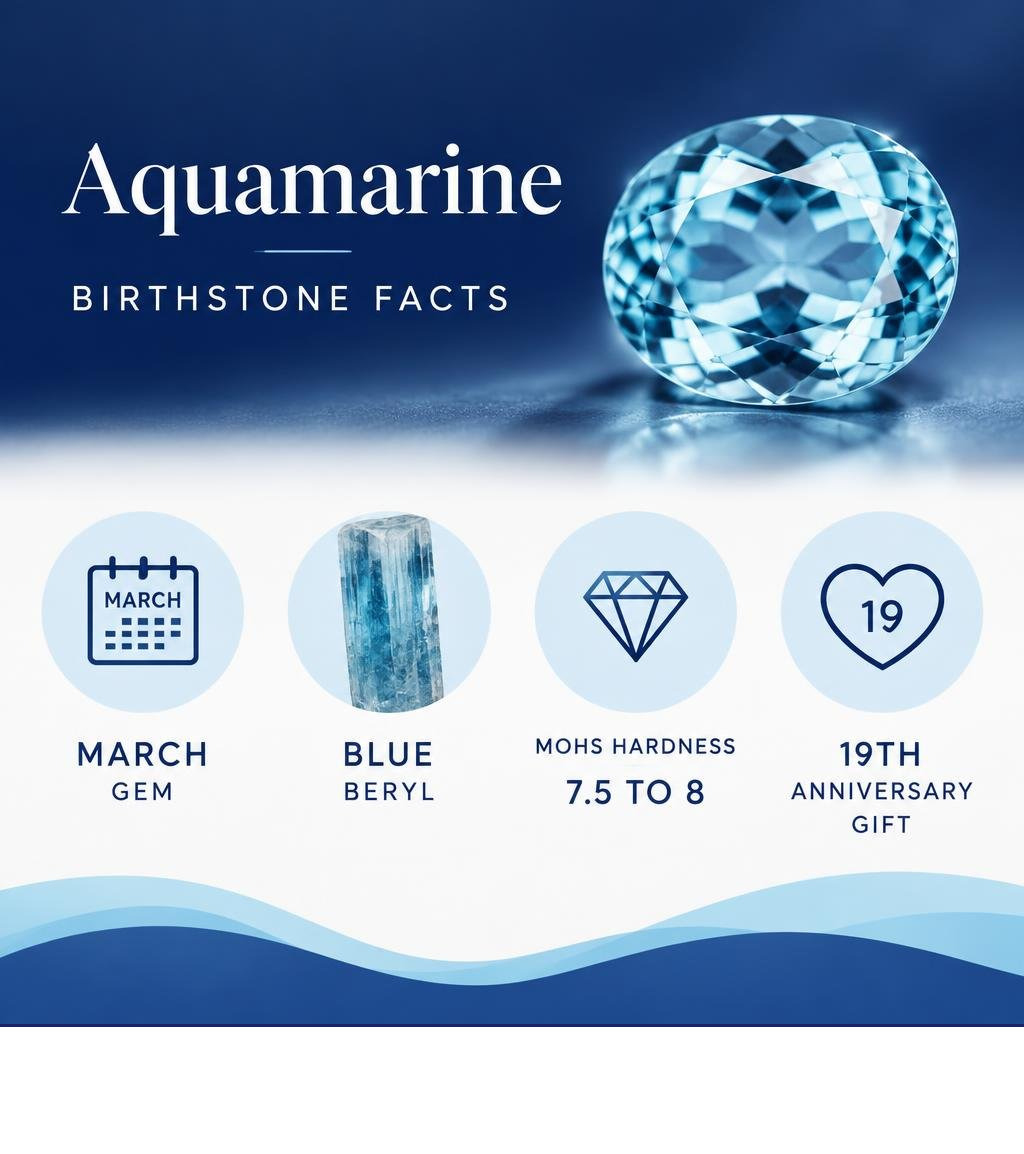 Aquamarine birthstone facts: March gem, blue beryl, Mohs hardness 7.5 to 8, 19th anniversary gift infographic