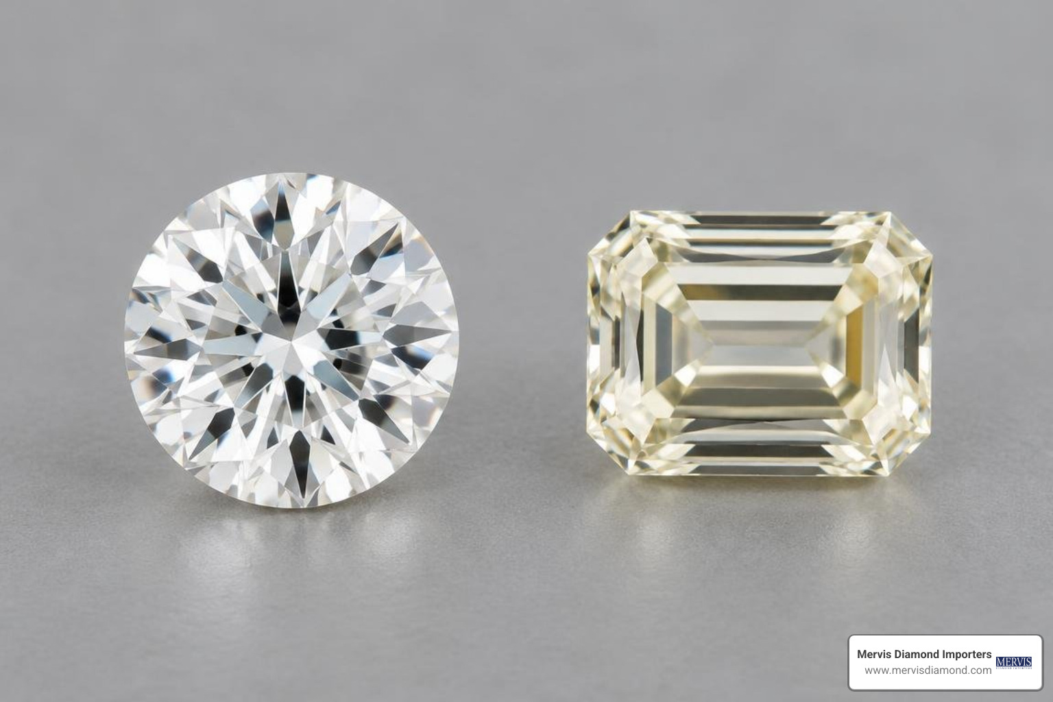 round brilliant diamond next to emerald cut diamond showing difference in color retention round brilliant diamond next to emerald cut diamond showing difference in color retention