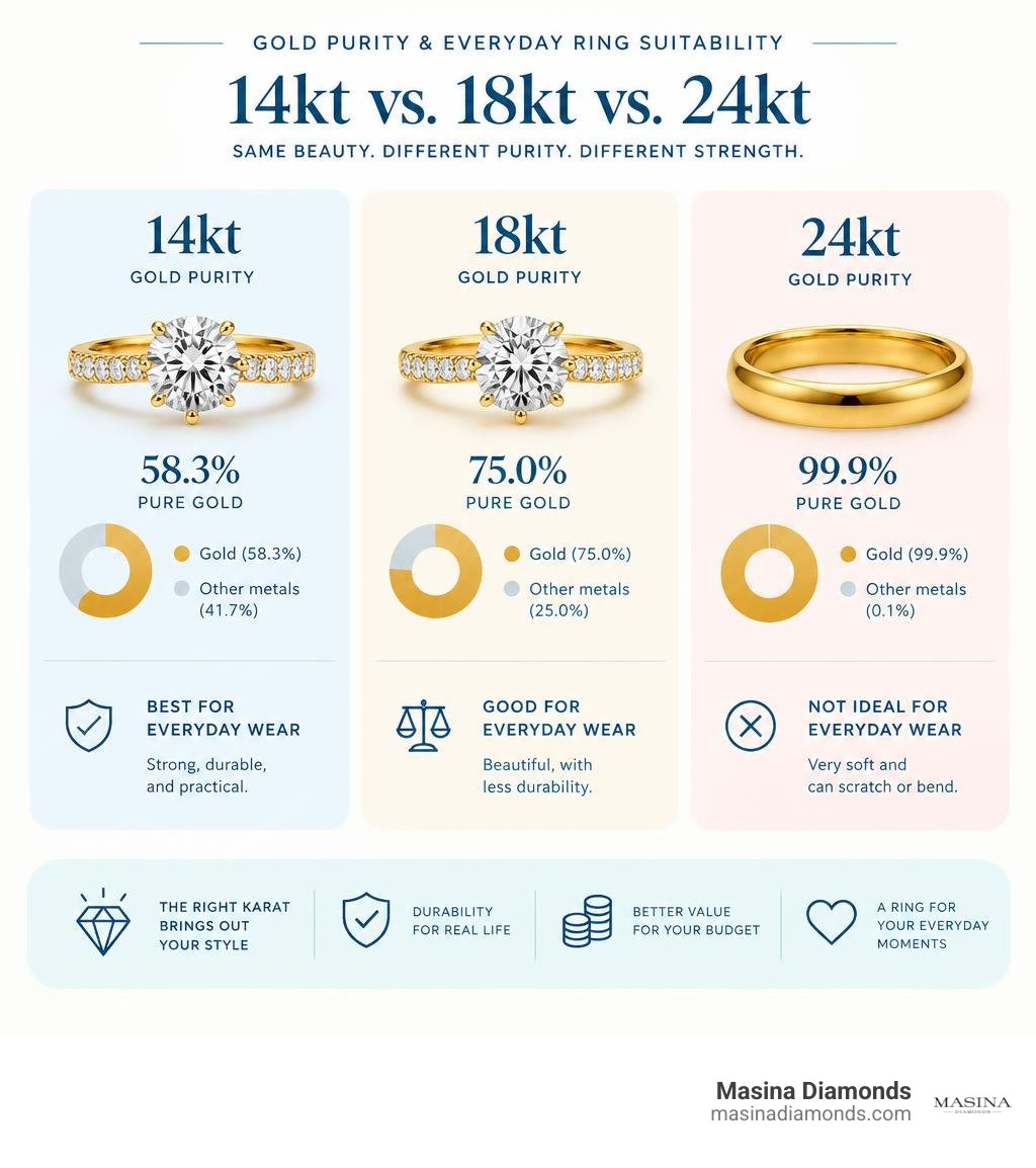 Comparison of 14kt, 18kt, and 24kt gold purity and everyday ring suitability infographic