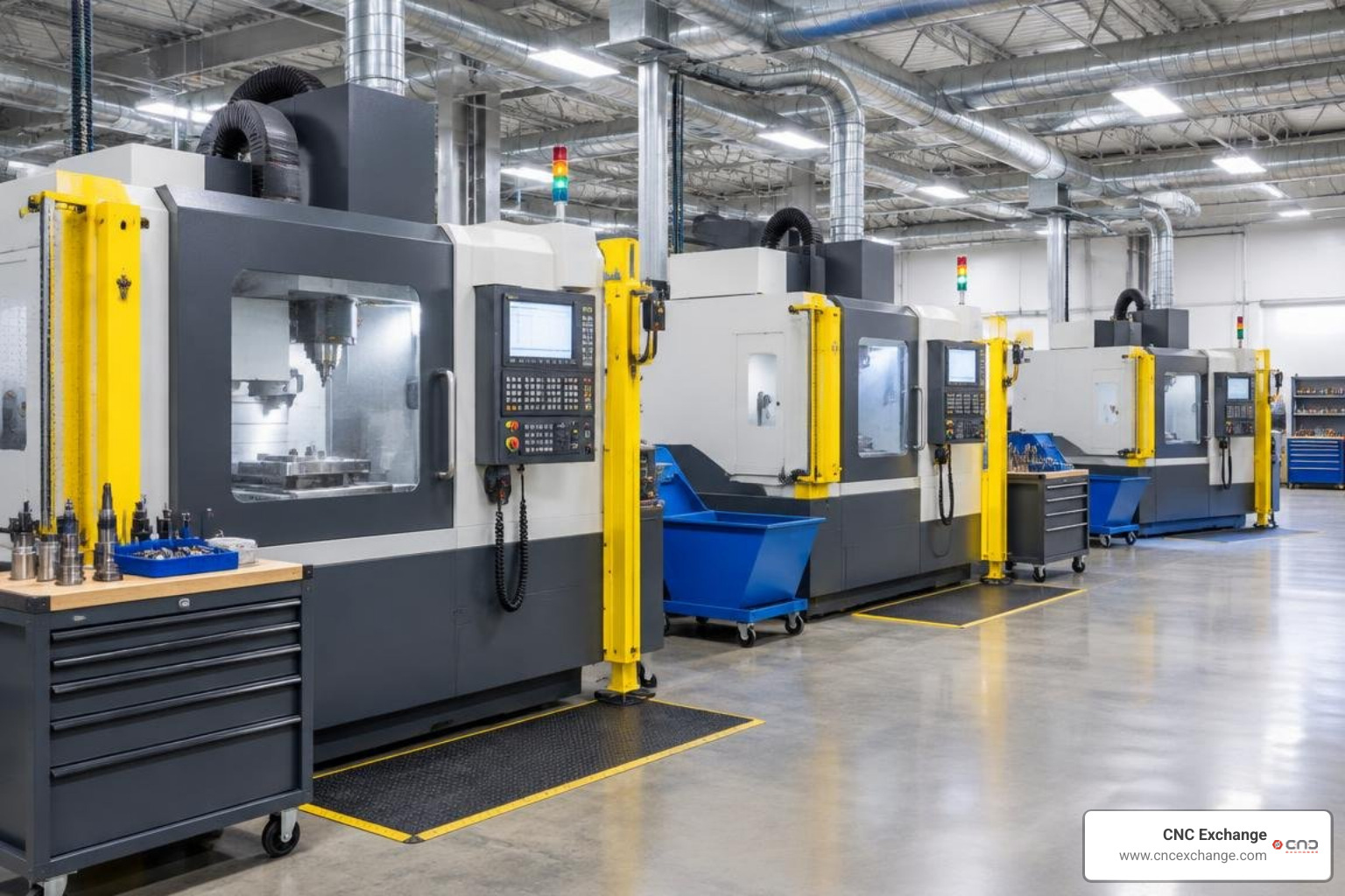 Organized CNC machine shop floor with safety enclosures, interlocks, and ventilation