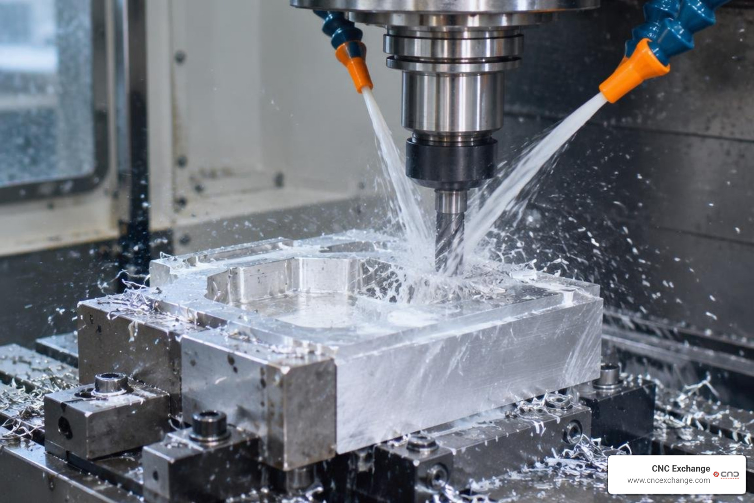 Heavy-duty CNC spindle cutting aluminum billet with precision flood coolant