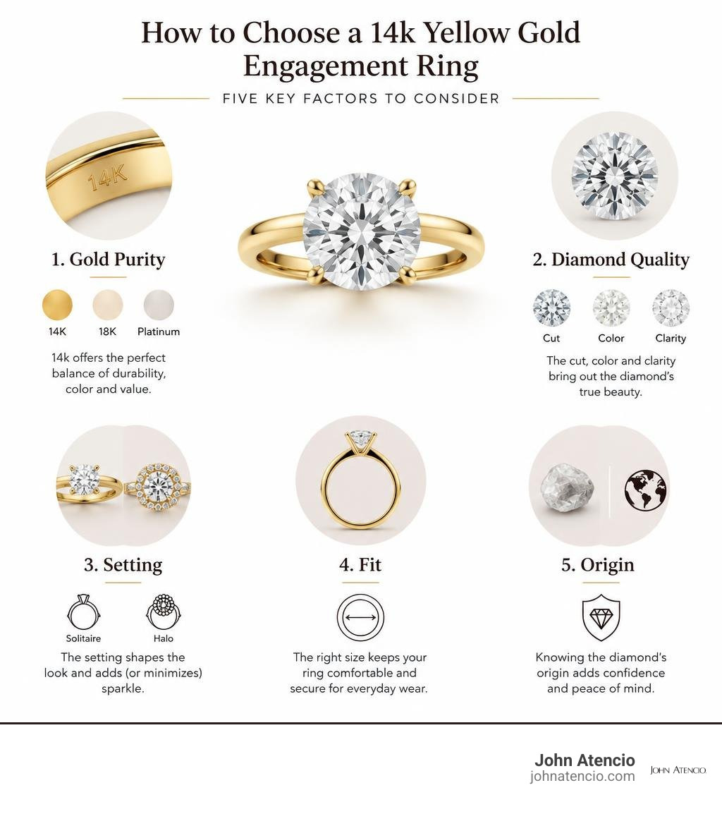 Comparison of gold purity, diamond quality, setting, fit, and origin when choosing an engagement ring infographic