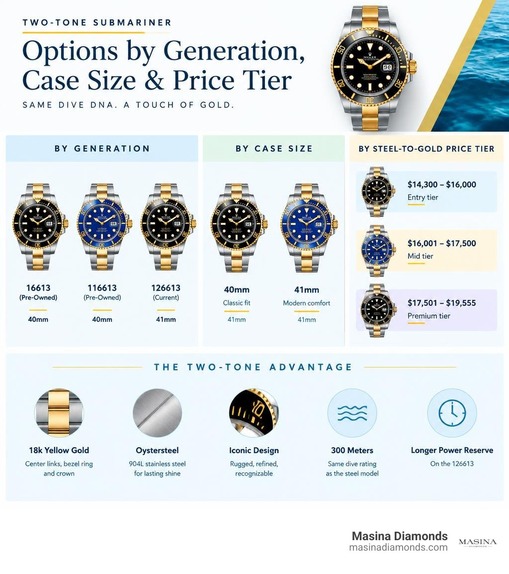 Submariner options by generation, case size, and steel-to-gold price tier infographic