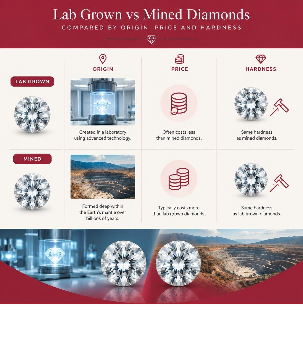 Lab grown and mined diamonds compared by origin, price, and hardness infographic Lab grown and mined diamonds compared by origin, price, and hardness infographic