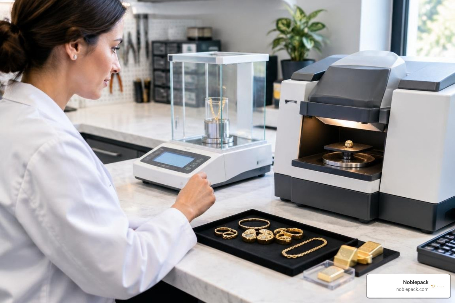 Jeweler comparing specific gravity balance and XRF spectrometer