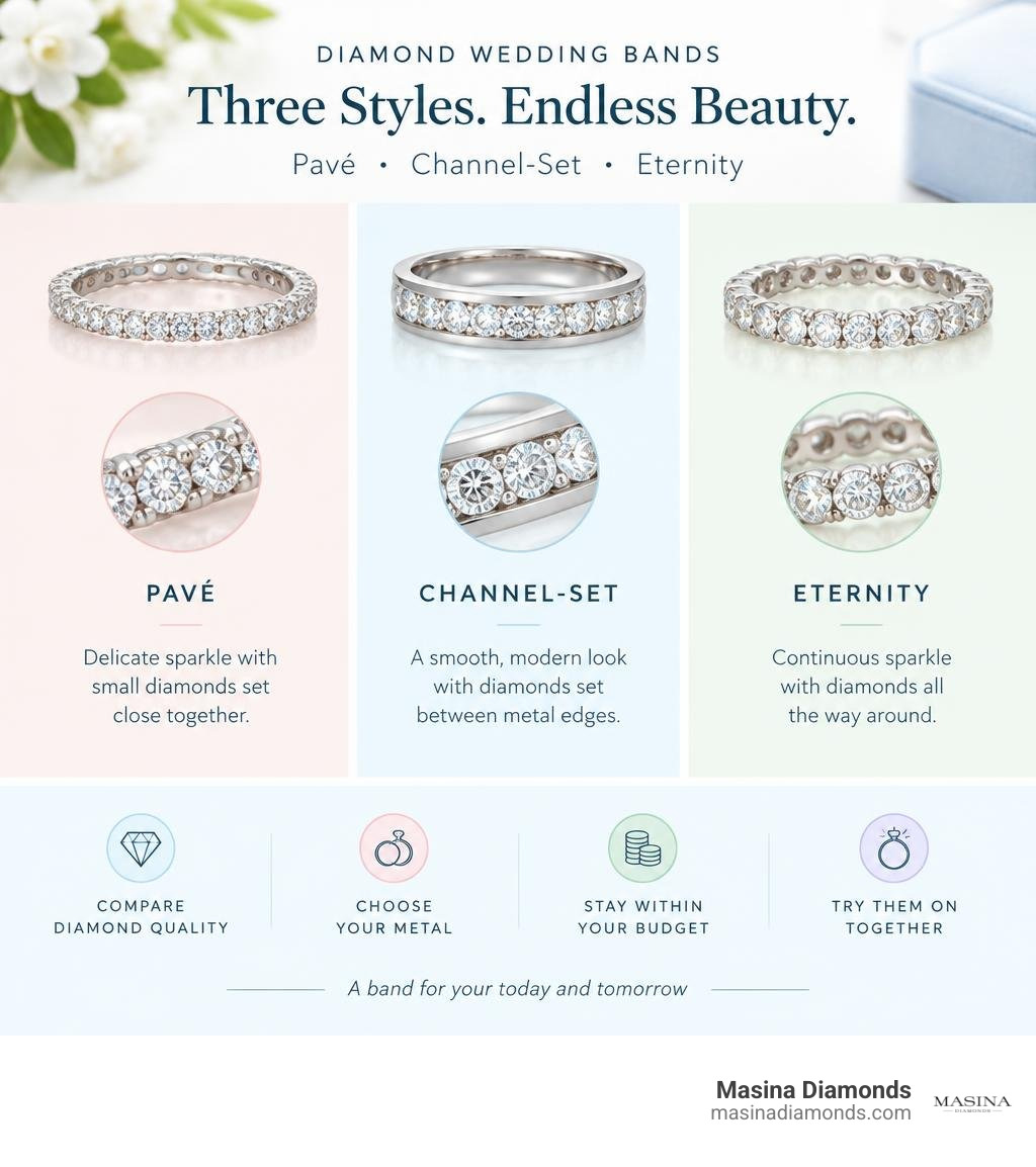 Comparison of pave, channel-set, and eternity diamond wedding bands infographic