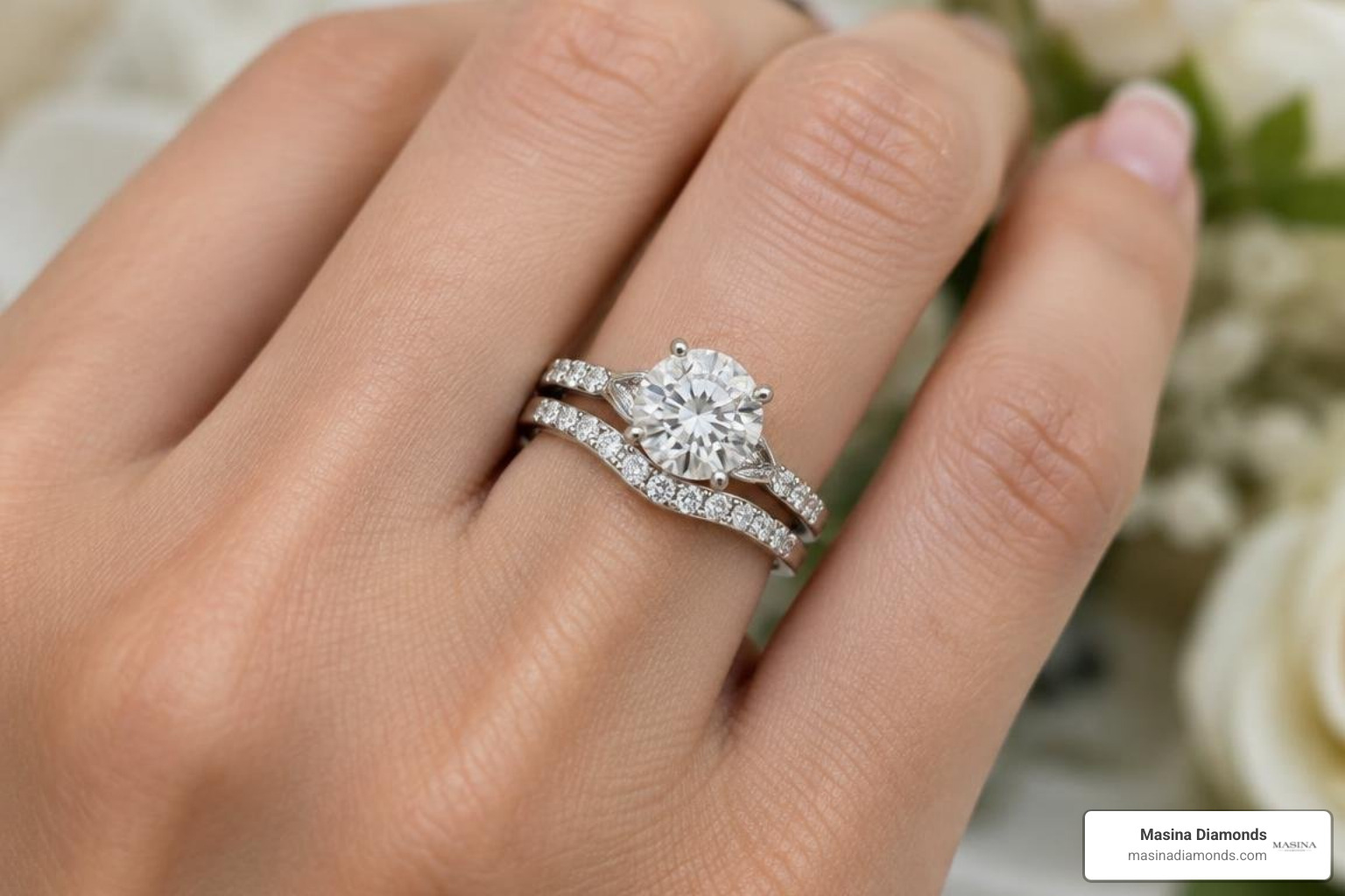 contoured diamond band paired seamlessly with an engagement ring