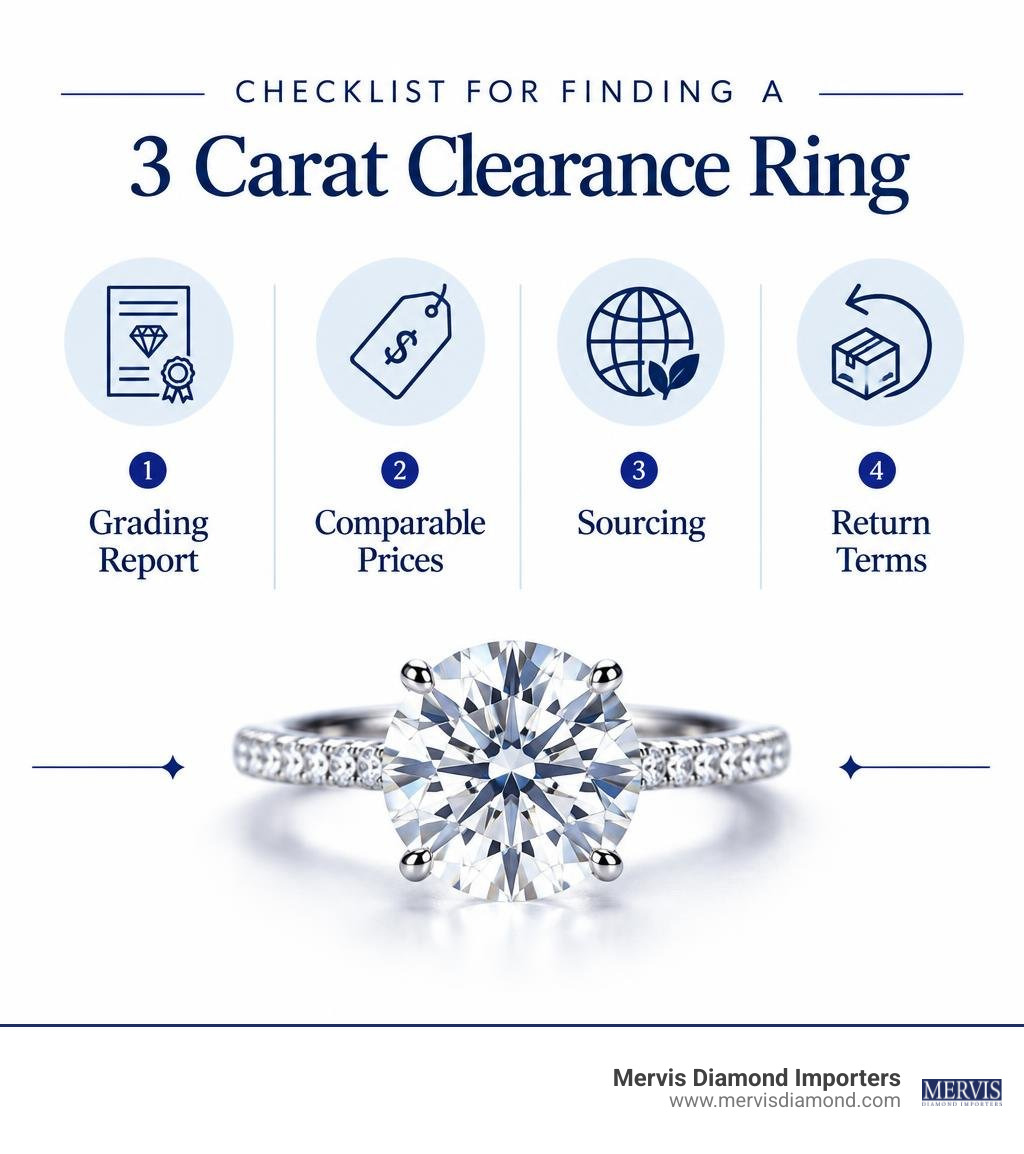 Checklist for finding a 3 carat clearance ring: grading report, comparable prices, sourcing, return terms infographic