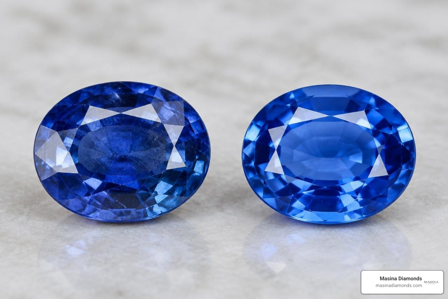Natural sapphire gemstone alongside a lab-created sapphire gemstone Natural sapphire gemstone alongside a lab-created sapphire gemstone