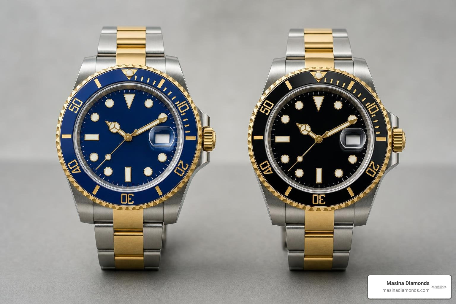 comparing blue and black dial two-tone Submariner models