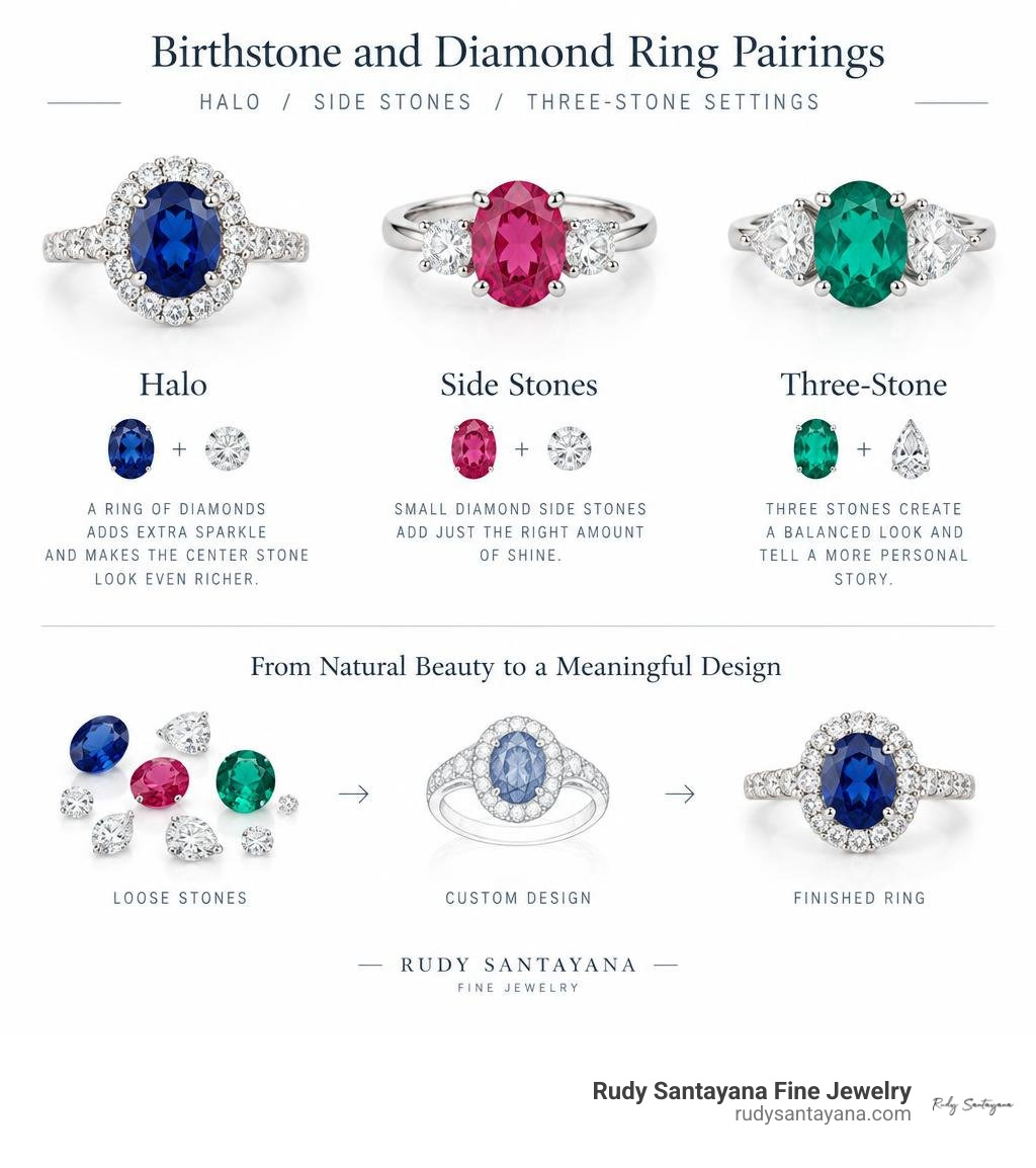 Birthstone and diamond ring pairings: halo, side stones, and three-stone settings infographic