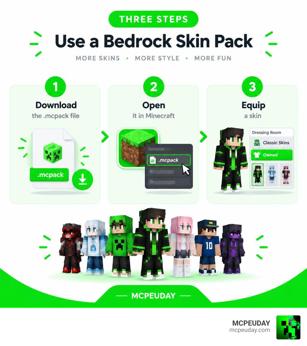 Three steps to use a Bedrock skin pack: download the mcpack file, open it in Minecraft, equip a skin infographic