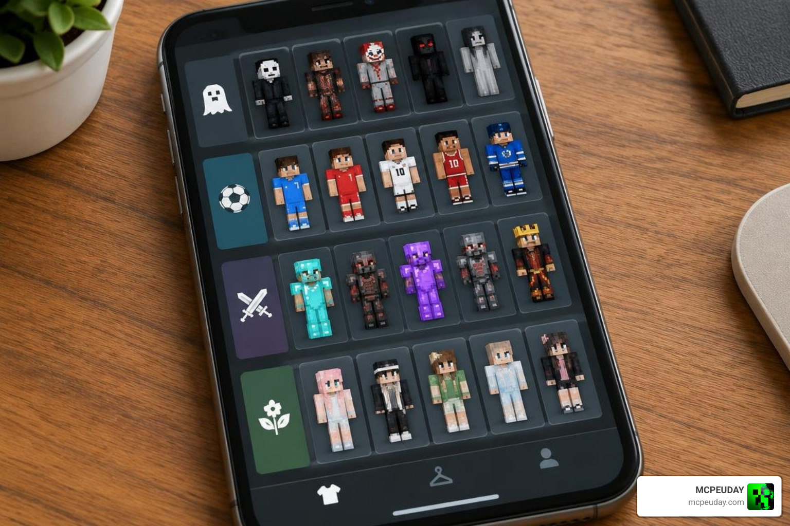 Minecraft Bedrock character skins categorized by theme