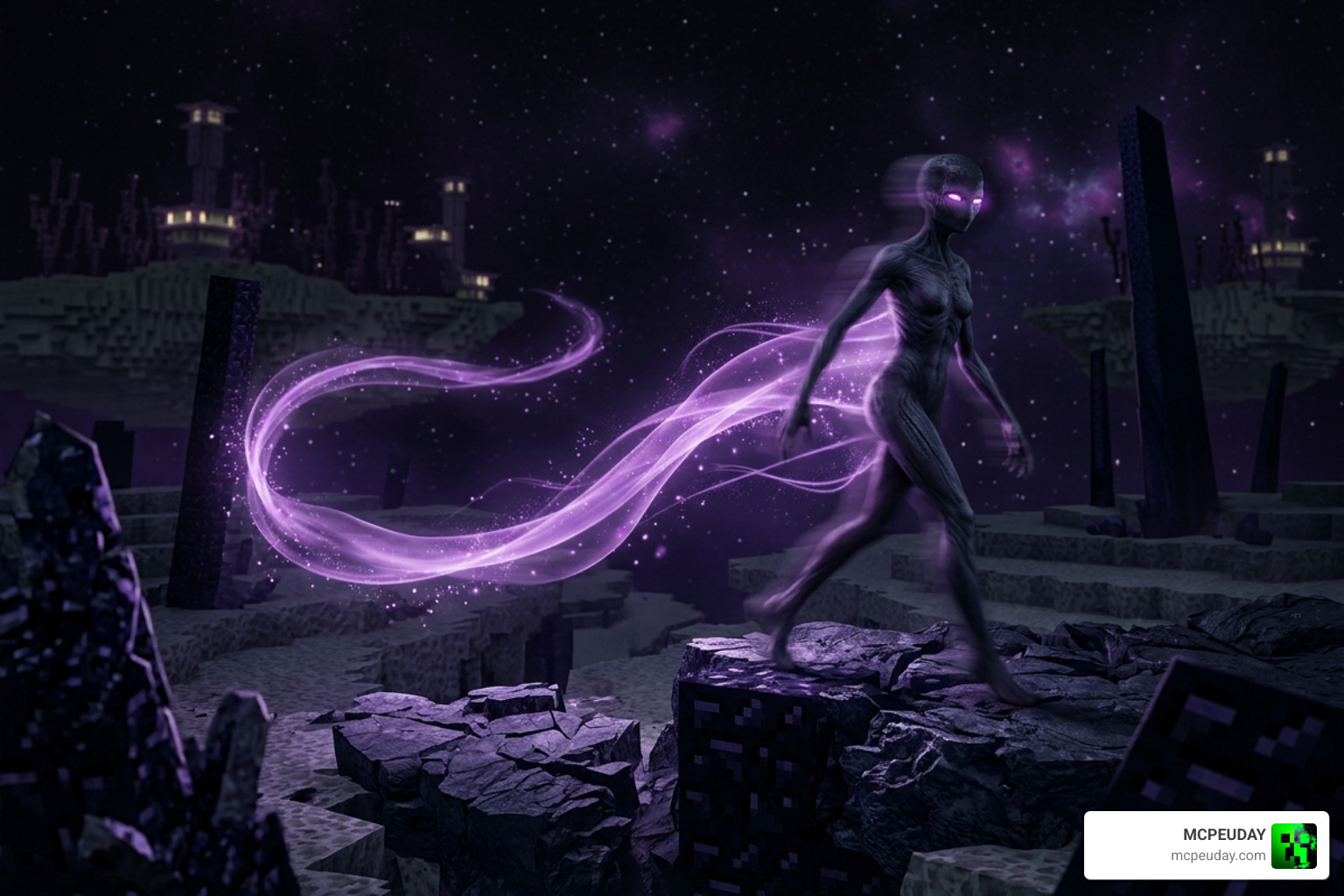 Enderwoman mob teleporting leaving glowing particle trails