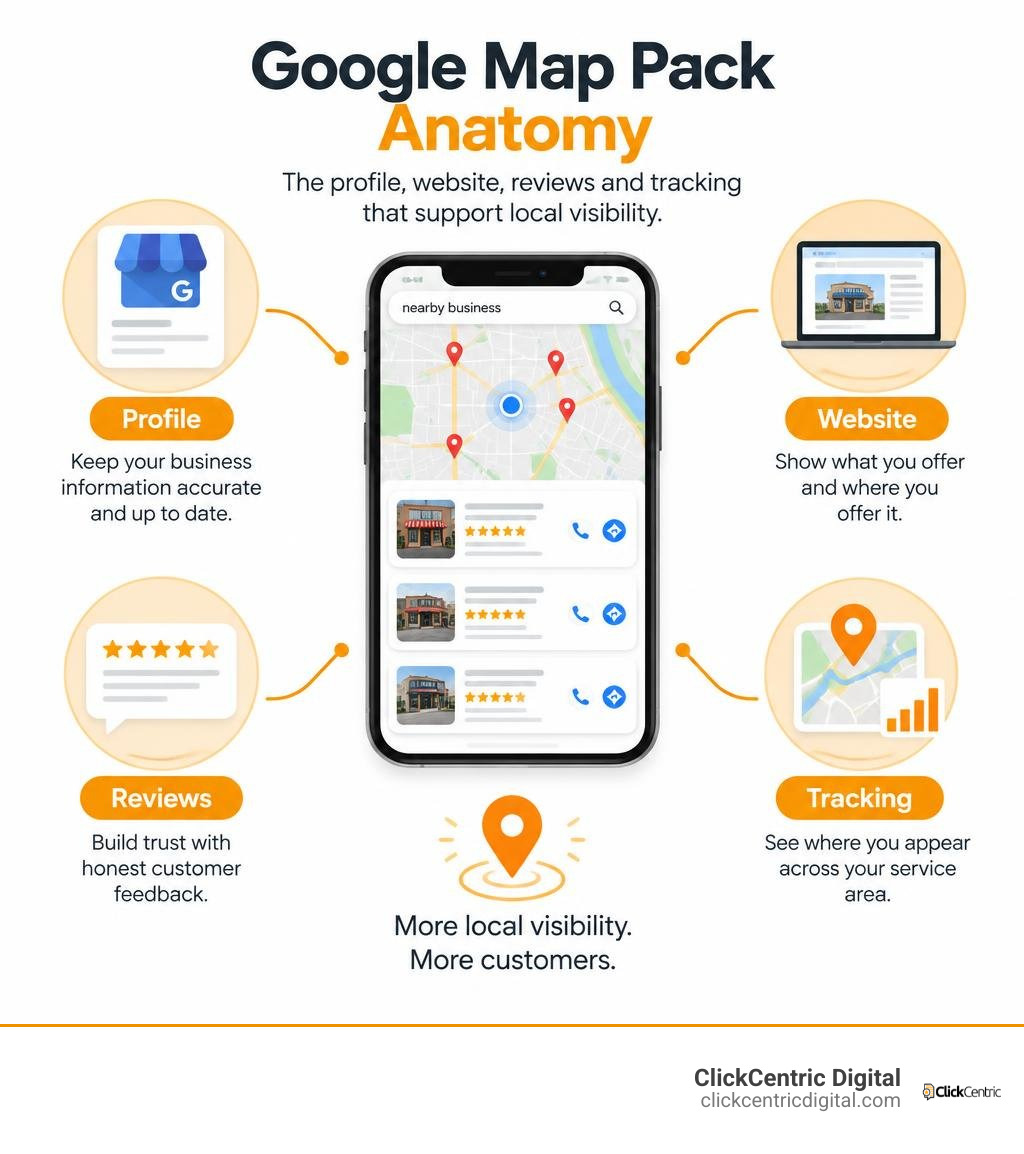 Google Map Pack anatomy and the profile, website, reviews, and tracking that support local visibility infographic Google Map Pack anatomy and the profile, website, reviews, and tracking that support local visibility infographic