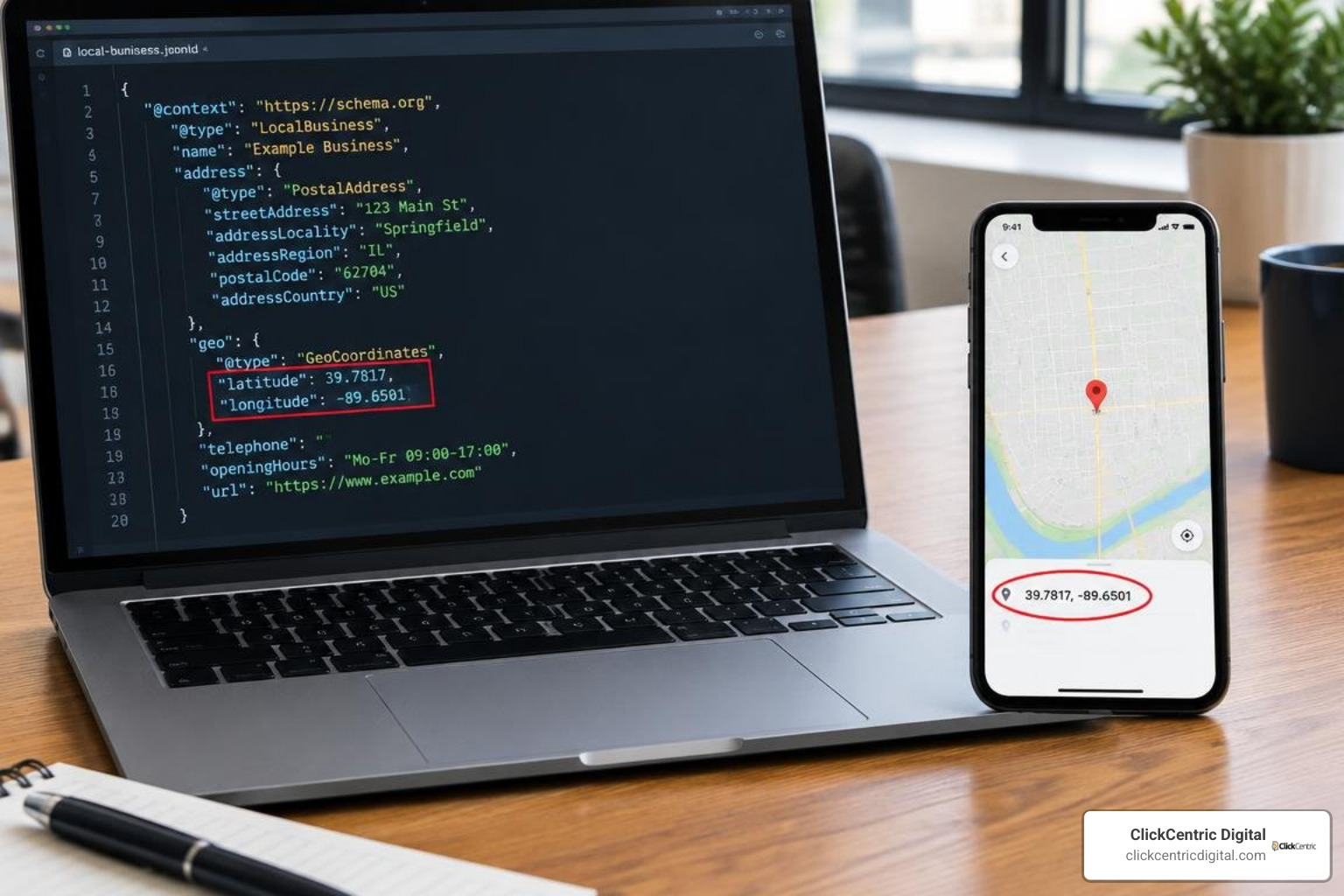 LocalBusiness schema code matched with Google Maps pin coordinates LocalBusiness schema code matched with Google Maps pin coordinates