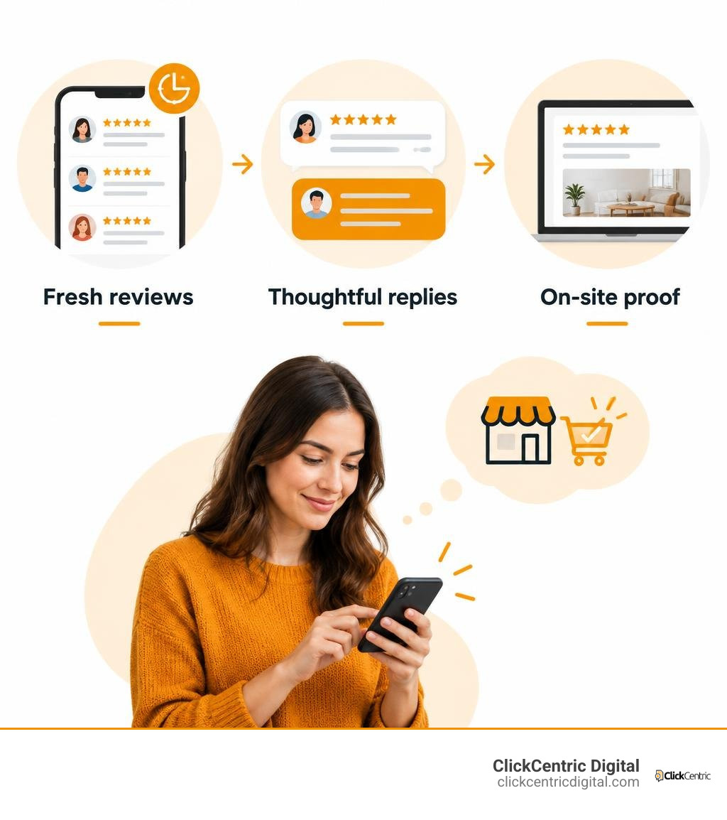 How fresh reviews, thoughtful replies, and on-site proof help customers decide to buy infographic