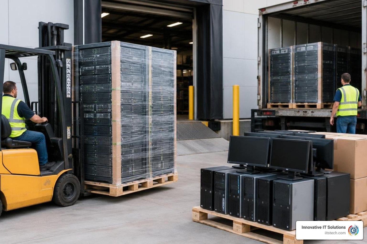 palletized server racks and business desktop computers at a commercial loading dock