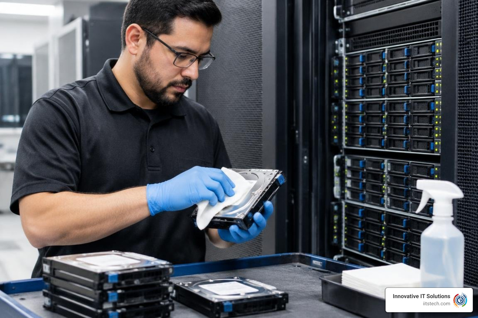 certified technician wiping and sanitizing enterprise server storage drives