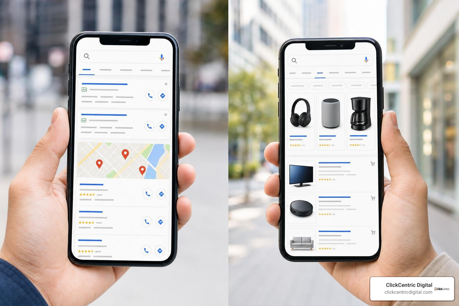 High intent local search ads versus Google Shopping carousel results