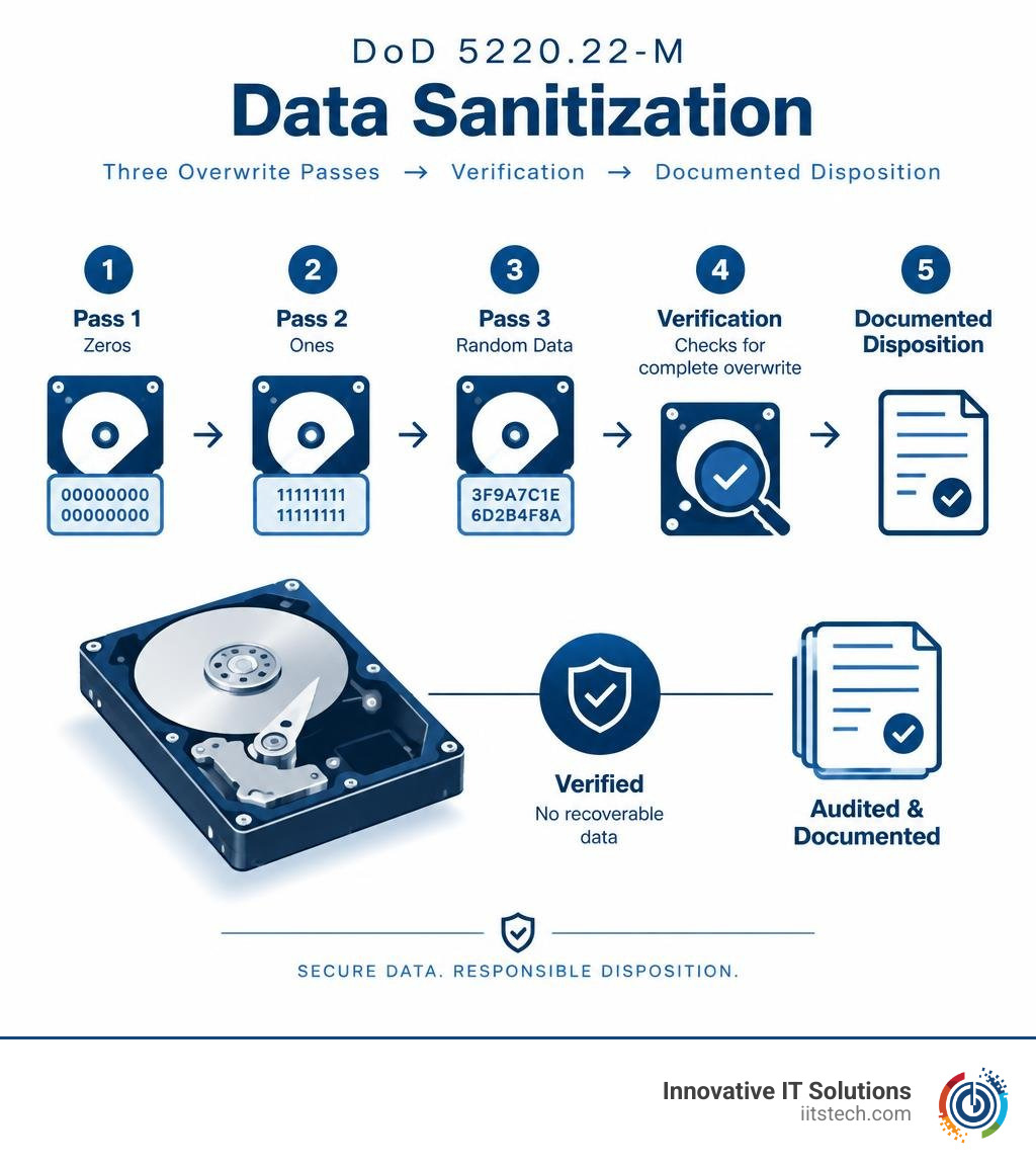 DoD-style HDD wipe: three overwrite passes, verification, and documented disposition infographic
