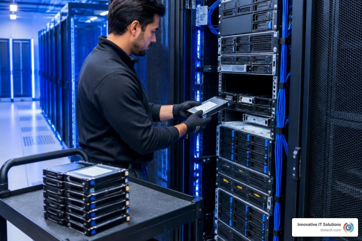 server rack storage arrays prepared for decommissioning