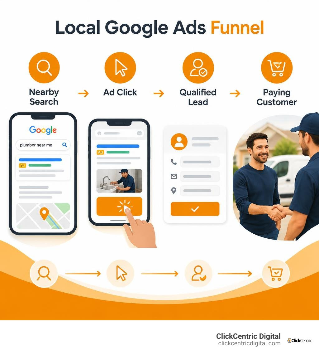 Local Google Ads funnel from nearby search to ad click, qualified lead, and paying customer infographic