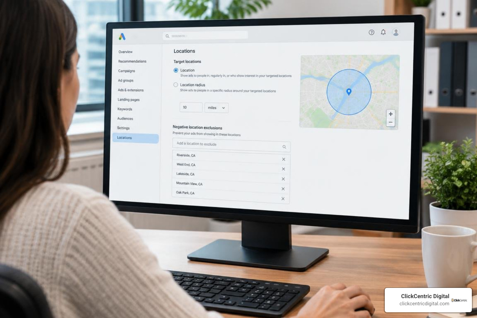 Dashboard displaying radius targeting parameters and negative location exclusions