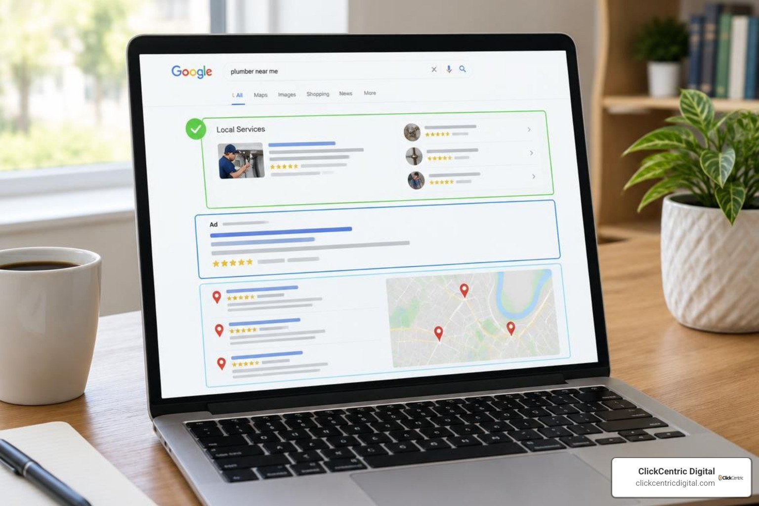 Comparison of Google Search, Local Services Ads, and Maps local results