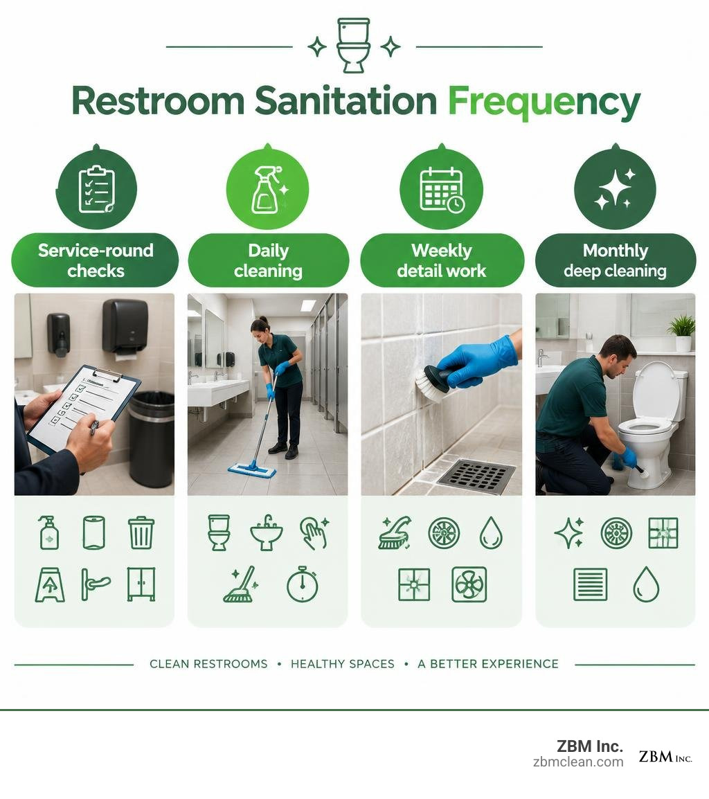 Restroom sanitation frequency: service-round checks, daily cleaning, weekly detail work, monthly deep cleaning infographic