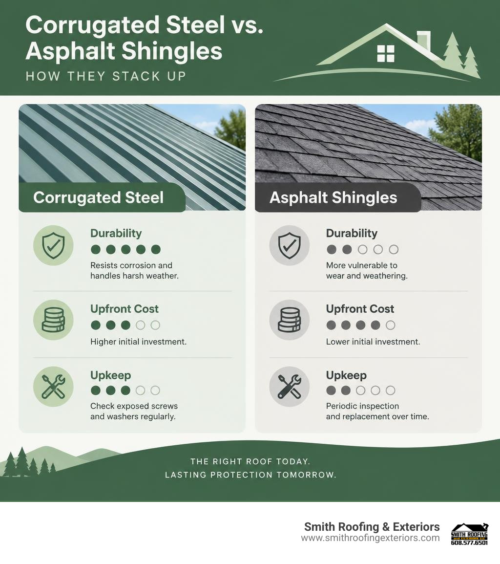 infographic comparing corrugated steel and asphalt shingles by durability, upfront cost, and upkeep infographic infographic comparing corrugated steel and asphalt shingles by durability, upfront cost, and upkeep infographic