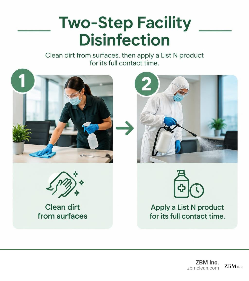 Two-step facility disinfection: clean dirt from surfaces, then apply a List N product for its full contact time infographic Two-step facility disinfection: clean dirt from surfaces, then apply a List N product for its full contact time infographic