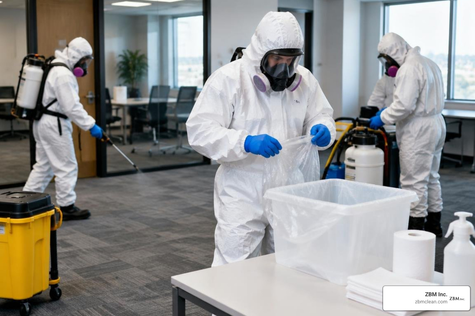 professional emergency cleanup team preparing post-exposure protocols professional emergency cleanup team preparing post-exposure protocols