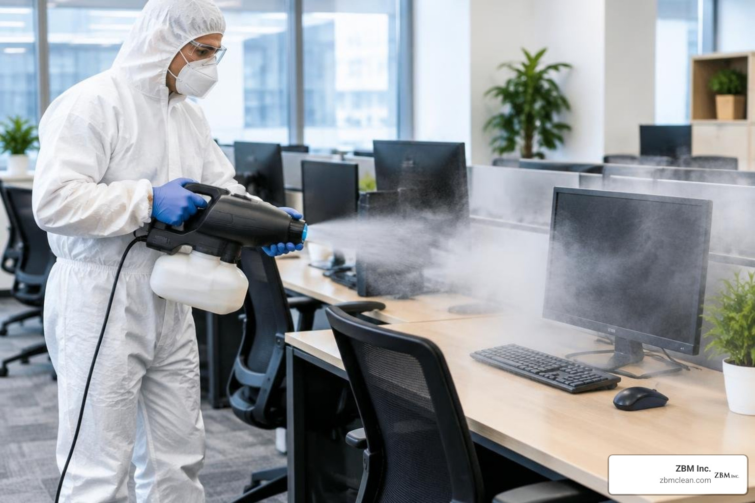 electrostatic sprayer delivering charged disinfectant mist onto desks and electronics electrostatic sprayer delivering charged disinfectant mist onto desks and electronics